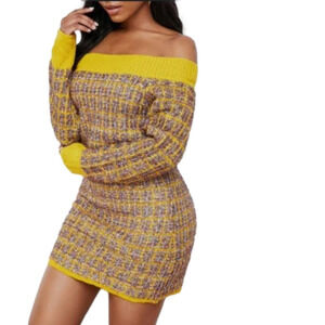 Rotita Yellow Longsleeve Shimmer Contrast Off Shoulder Sweater Dress Size Medium